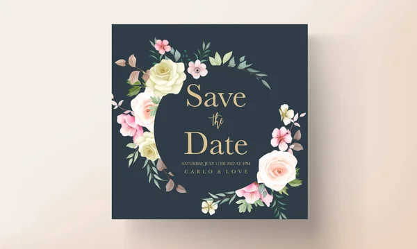 Schöne Handgezeichnete Blume Und Blätter Hochzeitseinladung — Stockvektor