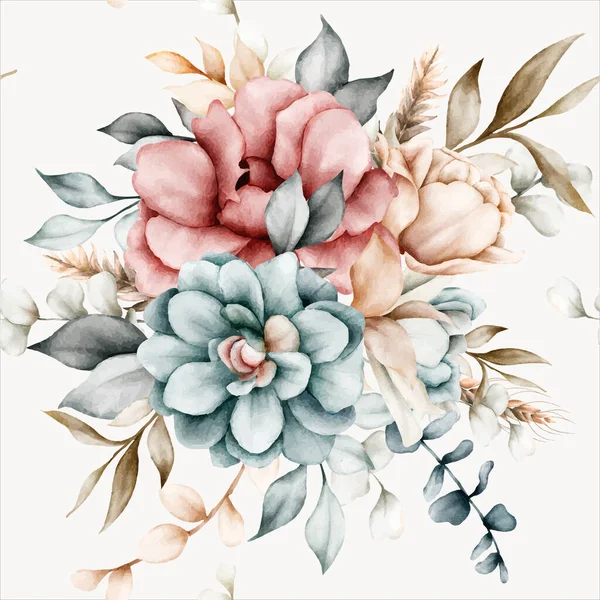 ヴィンテージウォーターカラーの花と葉の美しい花のシームレスなパターン — ストックベクタ