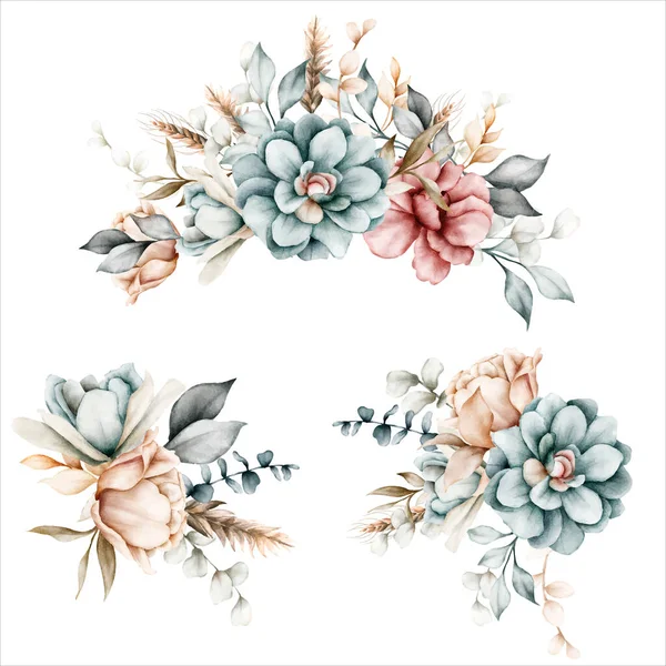 ヴィンテージウォーターカラーの花と葉の美しい花の花束 — ストックベクタ