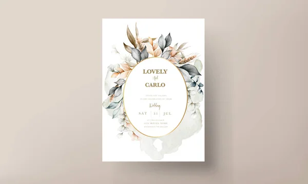 Elegant Brown Leaves Watercolor Wedding Card Template — Stock Vector