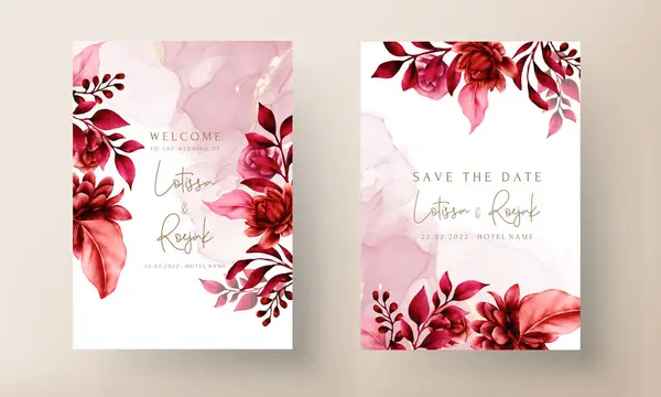 Beautiful Maroon Flower Leaves Wedding Invitation Template — Stock Vector