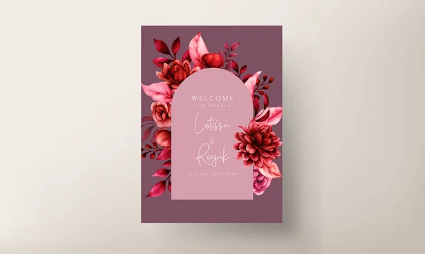 Beautiful Maroon Flower Leaves Wedding Invitation Template — Stock Vector