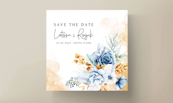 Mooie Bruiloft Uitnodiging Met Blauwe Gouden Bloemen Ornament — Stockvector