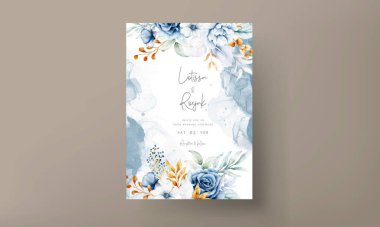 Güzel mavi ve altın çiçekli düğün davetiyesi