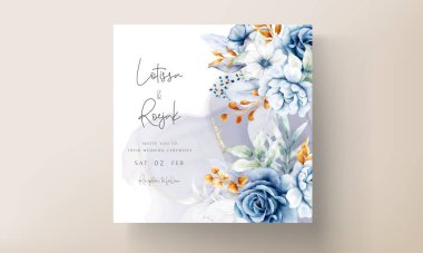 Güzel mavi ve altın çiçekli düğün davetiyesi