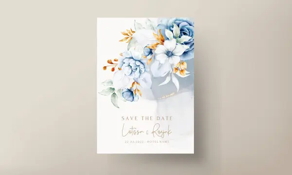 Wedding Invitation Card Beautiful White Blue Gold Floral — Stock Vector
