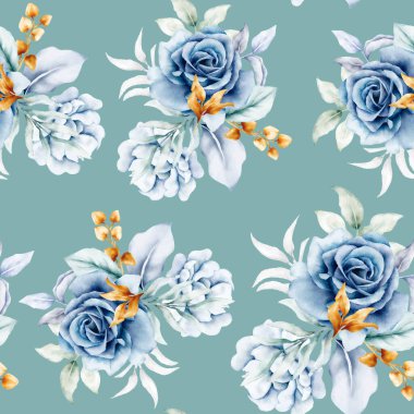 Güzel beyaz mavi ve altın rengi çiçeksiz desenli