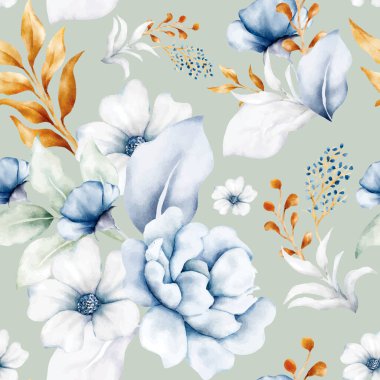 Güzel beyaz mavi ve altın rengi çiçeksiz desenli