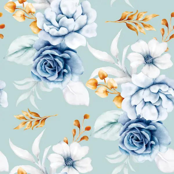 Hermoso Patrón Sin Costura Floral Azul Blanco Oro — Archivo Imágenes Vectoriales