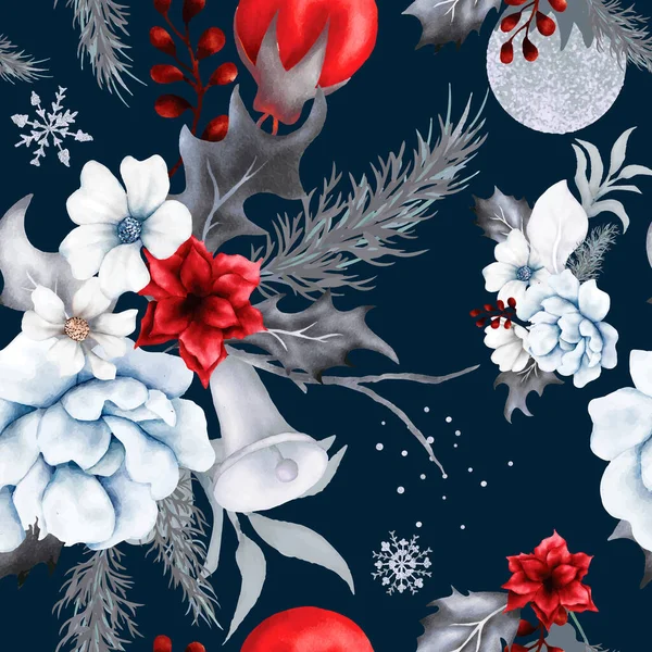 美丽无缝的花纹和圣诞装饰品 — 图库矢量图片