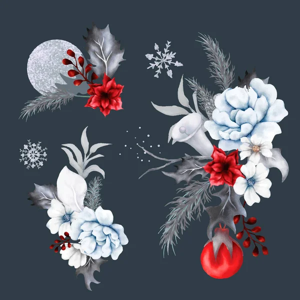 美丽的花和圣诞装饰品 — 图库矢量图片