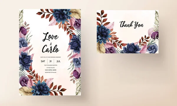 Elegant Wedding Card Template Classic Blue Flower Leaves — Stock Vector