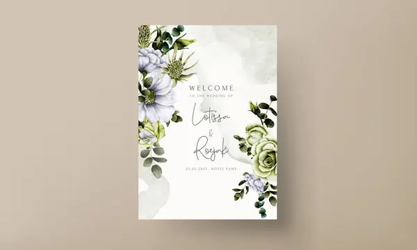 Beautiful Wedding Invitation Card Template White Green Roses — Stock Vector