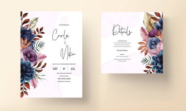 Güzel klasik mavi çiçekli düğün davetiyesi