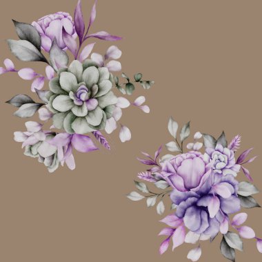 mor ve gri çiçek suluboya çerçeve çiçek buketi