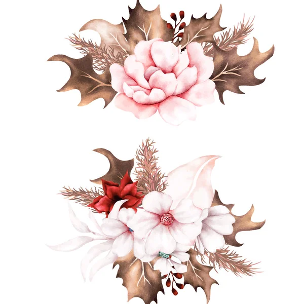 茶色と赤い花の水彩が付いているブーフ花束 — ストックベクタ