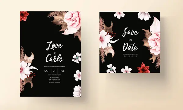 Boho Wedding Invitation Card Brown Red Flower — Stock Vector