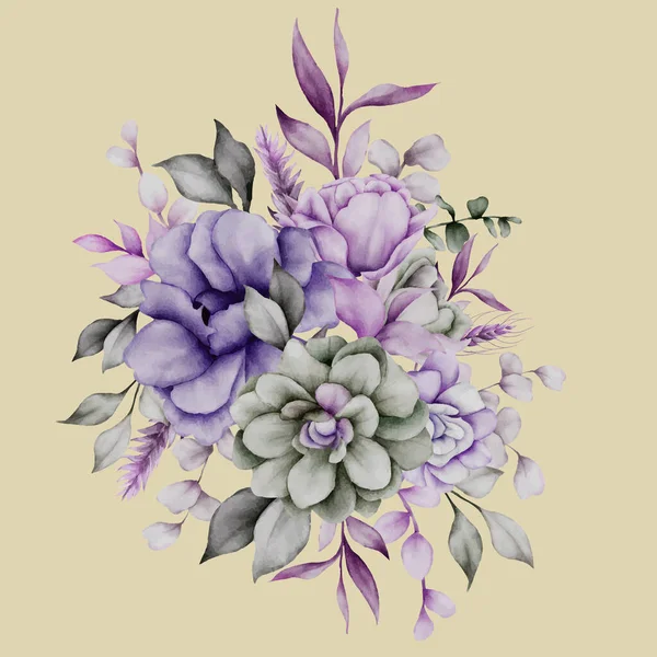 紫色和灰色花水彩画框花束 — 图库矢量图片