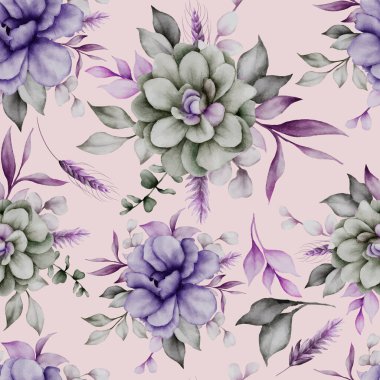 mor ve gri çiçek suluboya pürüzsüz desen