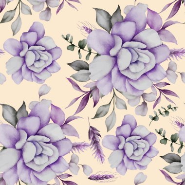 mor ve gri çiçek suluboya pürüzsüz desen