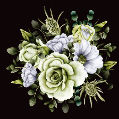 yeşil güller çiçek buketi suluboya