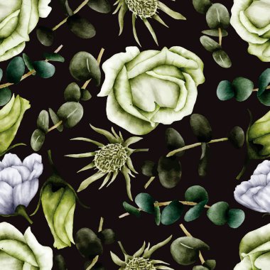 Zarif yeşillik gülleri çiçek suluboya pürüzsüz desen