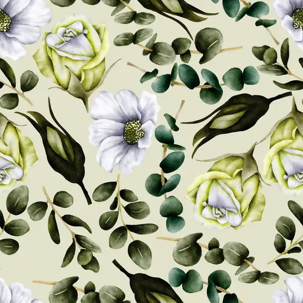 Élégant Vert Roses Fleur Aquarelle Motif Sans Couture — Image vectorielle