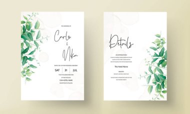Yeşil yapraklı ve çiçekli bir düğün davetiyesi
