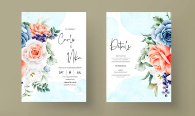 Güzel gül çiçeği ve mor üzüm suluboya davetiye kartı