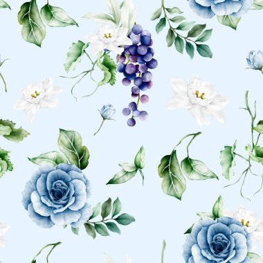 Zarif üzümler suluboya ve güller dikişsiz desen