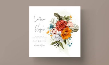 Güzel sonbahar suluboya çiçekli klasik düğün davetiyesi.