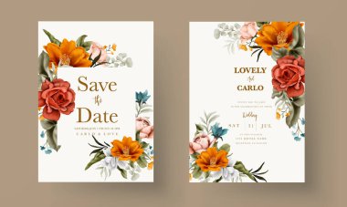 güzel turuncu ve kırmızı çiçek suluboya davetiye kartı