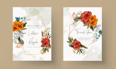 güzel turuncu ve kırmızı çiçek suluboya davetiye kartı