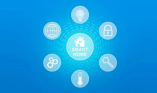 Smart Home Und Symbole Auf Virtuellem Bildschirm Auf Blauem Hintergrund — Stockfoto