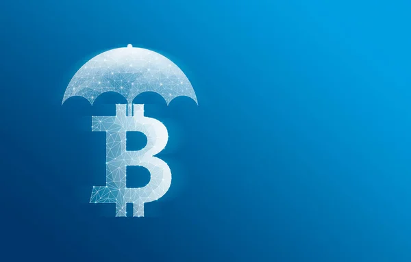 Bitcoin Aus Dem Netzwerk Und Ein Regenschirm Auf Blauem Hintergrund — Stockfoto