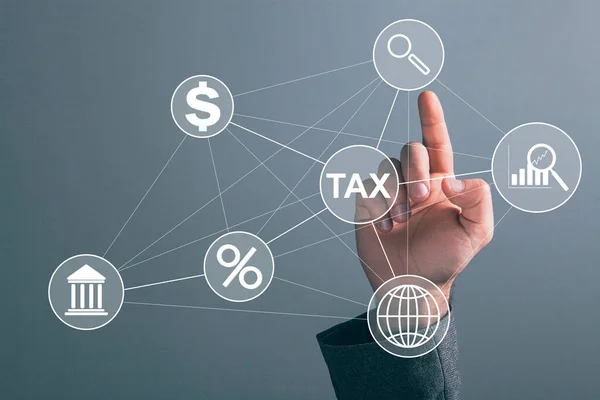Tax Ícones Homem Tocando Tela — Fotografia de Stock