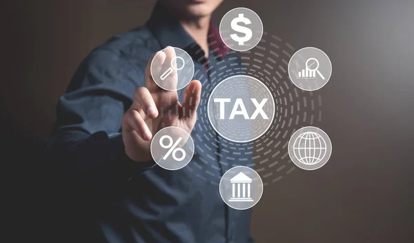 Steuern Und Symbole Mann Tippt Auf Bildschirm — Stockfoto