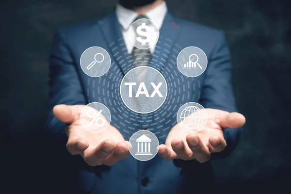 Tax Icons Man Holding His Hand — Stock Photo, Image