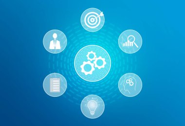 Mavi arkaplanda sanal ekranda mekanizma ve simgeler