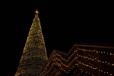 Geceleri çelenkler ve gözlem güvertesiyle süslenmiş şehir Noel ağacı