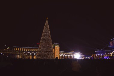 Ermenistan Cumhuriyeti Yeni Yıl Meydanı ve gece süslenmiş bir Noel ağacı.