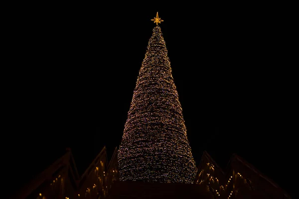 Árbol Navidad Ciudad Decorado Con Guirnaldas Plataforma Observación Por Noche — Foto de Stock