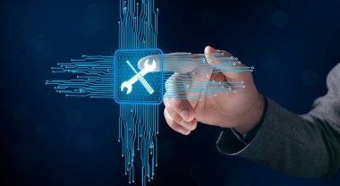 Technical support tools in the motherboard on a virtual screen. Man tapping on the screen