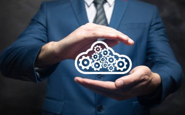 Data cloud with gears. Man holding in his hand