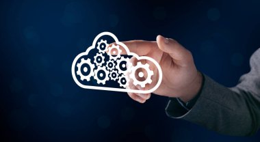 Data cloud with gears. Man tapping on the screen