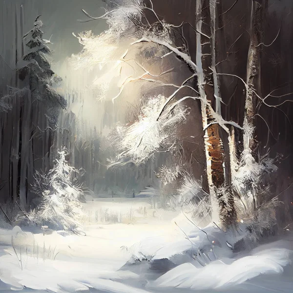 Digital oil painting of winter solstice in isolated snowy forest after snow fall. Beautifully natural winter scene, blizzard trees, snow. Generative AI