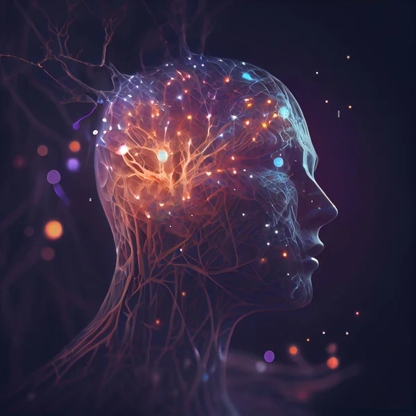Human head with glowing neurons in brain. Esoteric and meditation concept. Connection with other worlds. Creates with Generative A