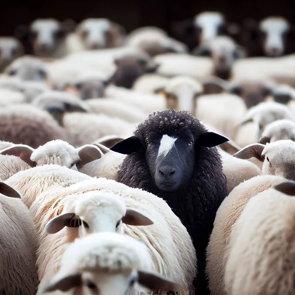 黒い羊の群れで 中央に白いものがあります ロイヤリティフリーのストック写真