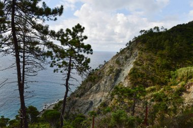 Monterosso, İtalya 'da Punta Mesco' ya doğru okyanus ve dağ manzarası. 