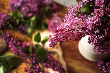 Mor leylak dalı sağ taraftan resim çerçevesine giriyor. Bulanık, biraz daha koyu arkaplan. Yatay fotoğraf.